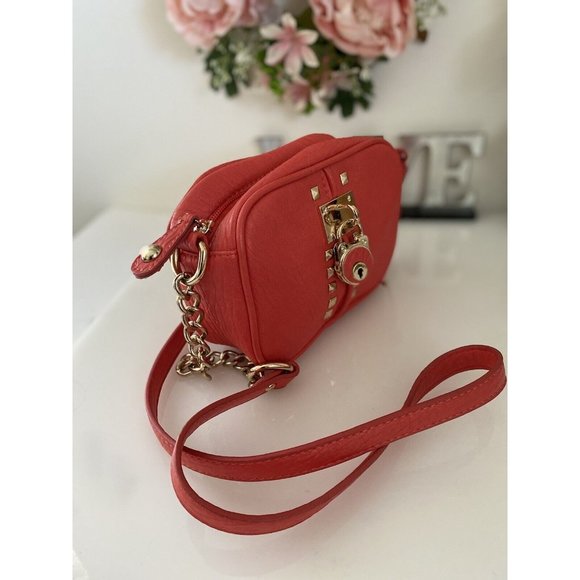 Vtg Crossbody Bag Orange Purse Partial Chain Strap Small Locket Studs Accents - Picture 10 of 16